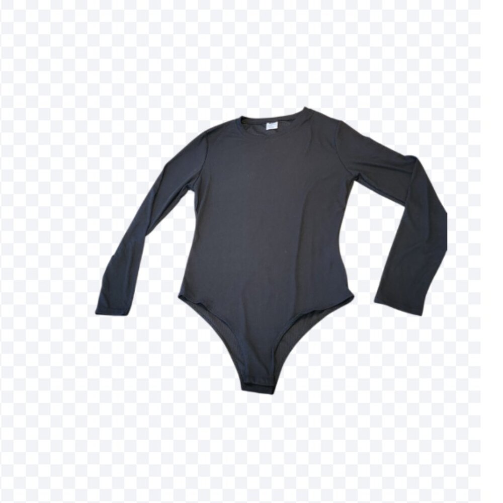 Real Essentials Ribbed Long Sleeve Scoop Neck Black Bodysuit